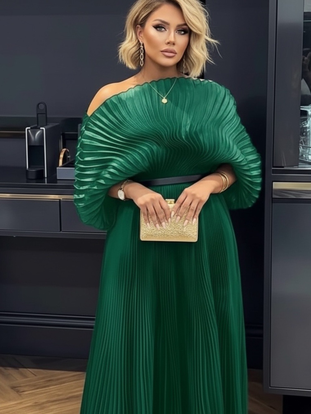 Emerald Green Pleated Batwing Sleeve Maxi Dress Kaftan Gown One Size